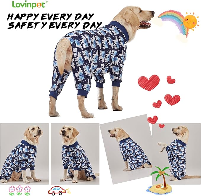 LovinPet Big Dog Pajamas, Post Surgery Onesie UV Protection, Blue Triangle Print, Lightweight Stretchy Big Dogs Pullover Shirt, Full Coverage Large Breed Dog Jammies, Pet PJ's/Large