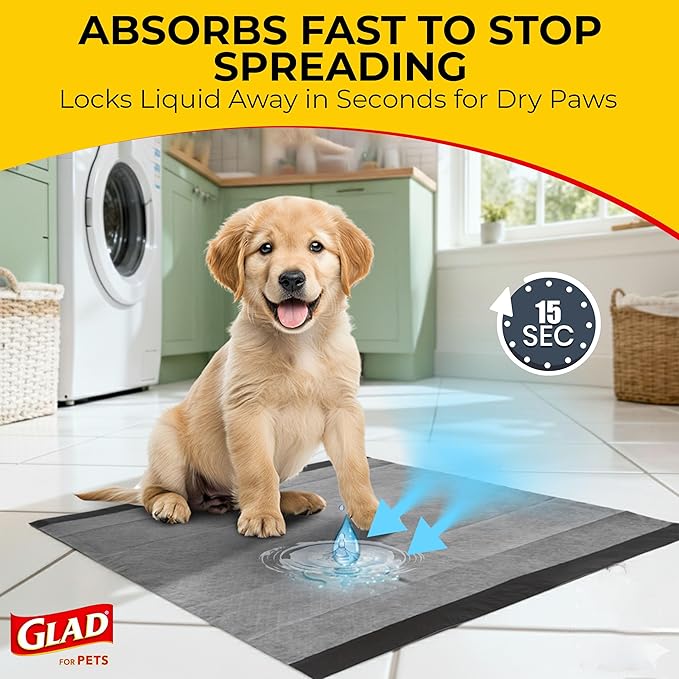 Glad for Pets Black Charcoal Puppy Pads, 23"x23" Disposable Training Pads That Absorb & Neutralize Urine with Activated Carbon - 100 Count