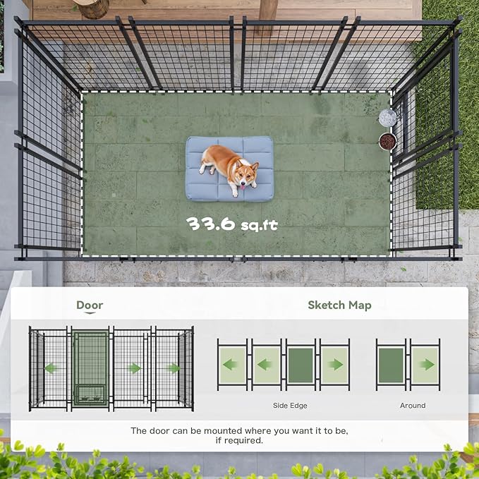 Greesum Large Outdoor Dog Kennel, Heavy Duty Welded Wire Steel Dog Playpen Fence with Secure Lock/UV-Resistant Waterproof Roof Cover/Rotaing Feeder Bowls, for Small/Medium/Large Dogs, XL