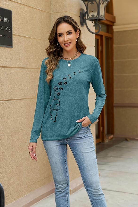 Women's Long Sleeve tees Cat Mom Graphic Tee Shirts Womens Graphic t Shirts Pullover Tops