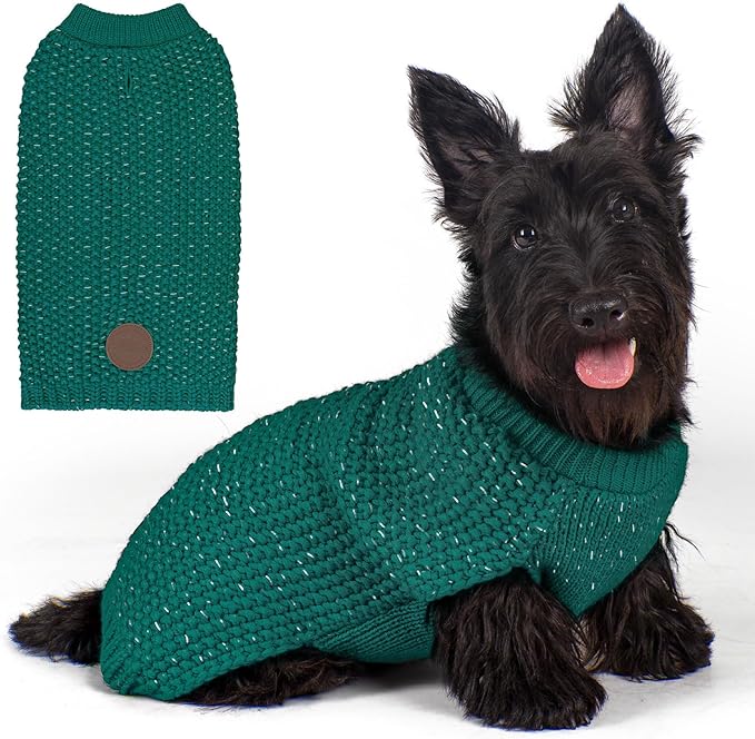 KYEESE Dog Christmas Sweater with Leash Hole Warm Pullover with Reflective Yarn for Small and Medium Dogs Male Soft Knit Pullover Boy Dog Coats Cozy Lightweight Thick Sweater,Green,Medium