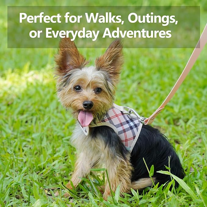 Dog Harness for Small Sized Dog,Hook-and-Loop Easy On/Off, Reflective Adjustable Soft Mesh Vest for Puppy (Checkered Beige,L)