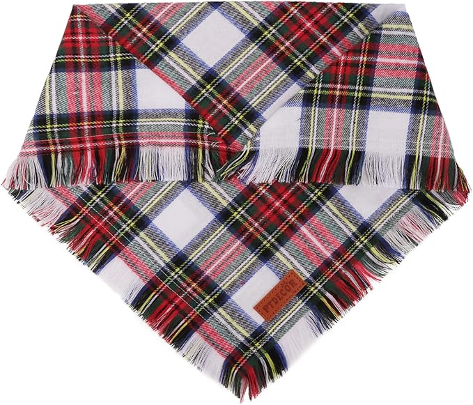 PTDECOR Christmas Dog Bandanas with Tassels Edges, Stylish Red White Plaid Scarf Bib, Premium Cotton Fabric, Reversible Triangle Xmas Bandanas for Extra Large Dogs (X-Large)