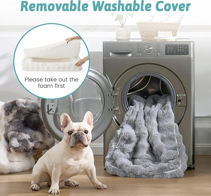 Orthopedic Dog Bed for Large Size Dog, Faux Fur Extra Large Pet Sofa, Foam Bolster Couch with Waterproof Lining Cover, Anti-Slip, Soft, Warm, Washable, C-Shaped, XL 44x32x7 inch, Beige