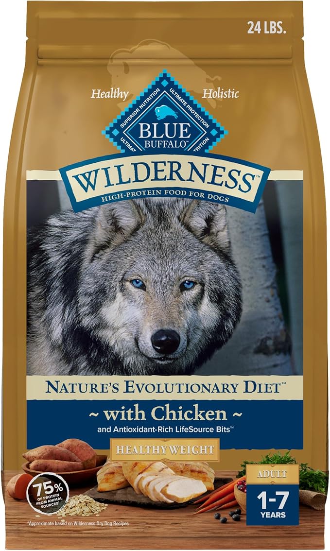 Blue Buffalo Wilderness Adult Weight Control Dry Dog Food with Real Chicken Plus Wholesome Grains, High-Protein Recipe, Made in The USA with Natural Ingredients, Chicken 24-lb. Bag