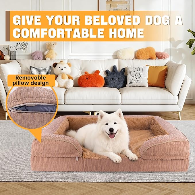 Orthopedic Dog Bed for Extra Large Dogs, 35x25 Inch Waterproof Egg Crate Memory Foam Dogs Bed with Detachable Top, Dog Couch with Zipper Washable Cover, Nonslip Bottom for Living Room, Brown