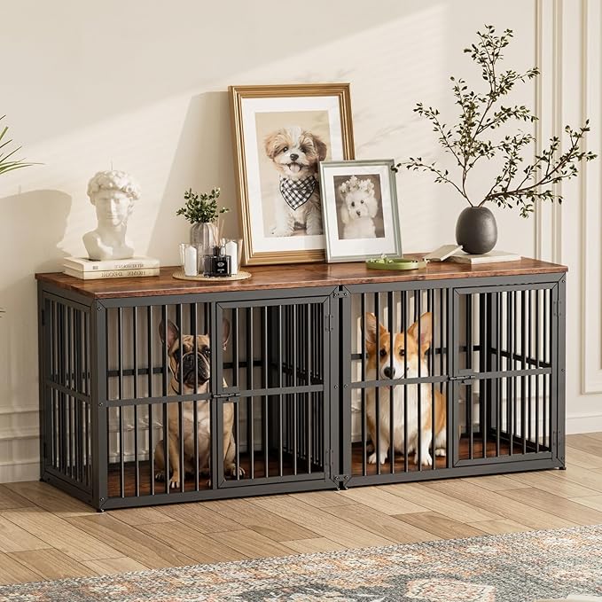 Lyromix 66'' Dog Crate Furniture with Double Rooms,Wooden Crate TV Stand with Removable Divider, Heavy Duty Indoor Puppy Cage Kennel for Small to Medium Dogs, Can Use Separately, Rustic Brown