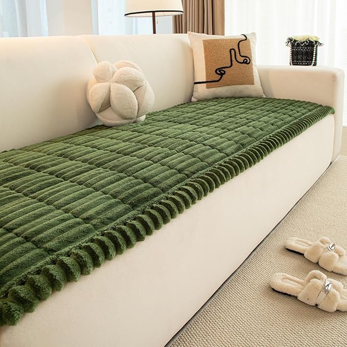 Christmas Faux Fur Plush Dog Couch Cover, 3D Stripe Fuzzy Sofa Covers, Non-Slip Fluffy Dog Bed Cover Pet Blanket, Washable Furniture Protector for Puppy Cat (Dark Green,28"x59")
