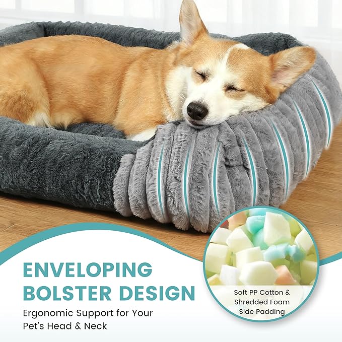 Dog Beds for Large Sized Dogs 35x28 Inch, Comfort-Sided Orthopedic Dog Bed Couch with Breathable Shredded Memory Foam, Faux Rabbit Fur Pet Bed, Non-Detachable, Non-Slip, Machine Washable