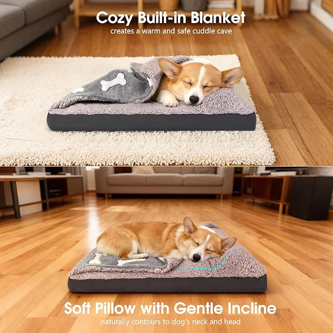 Dog Bed with Pillow and Blanket Attached, 30''X20'' Rectangle Cozy Dog Bed with Cover Cave & Removable Washable Cover for Crate Furniture, Soft Indoor Covered Calming Burrow Sofa for Small Medium Pet