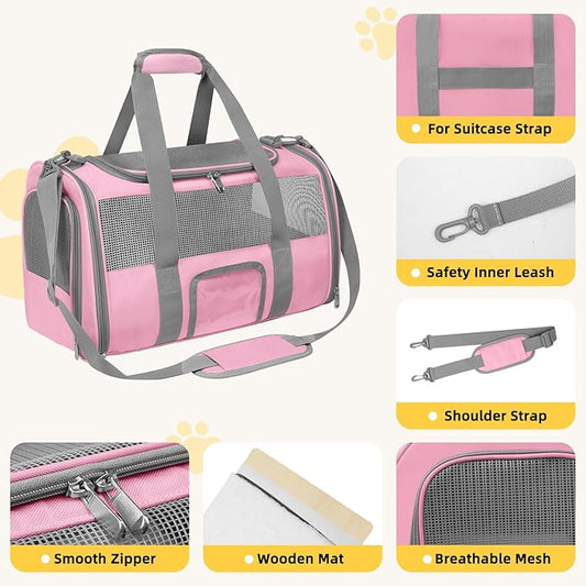 Pet Carrier Airline Approved for Puppy Medium Cats 15 Lbs Small Dog Carrier Breathable Collapsible Soft Sided Cat Travel Carriers, Pink with Grey