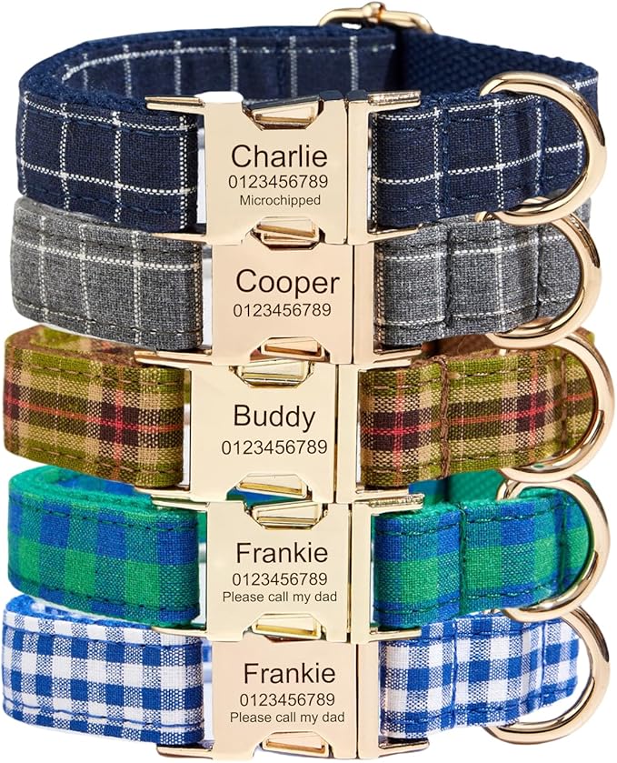 Custom Engraved Dog Collar with Name and Phone Number, Personalized for Small, Medium, and Large Dogs (Plaid)