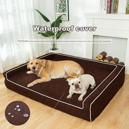 Orthopedic Foam Dog Beds for Large Dogs Up to 100 lbs, L Dog Couch with Bolster, Washable Pet Bed Sofa with Removable All-Over Water-Resistant Cover & Non-Slip Bottom(Large, Chocolate)