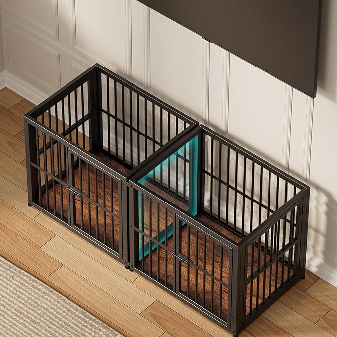 Lyromix 54'' Dog Crate Furniture with Double Rooms,Wooden Crate End Table Heavy Duty Indoor Puppy Cage for 2 Small Dogs, Multiple Units Can be Combined, Rustic Brown