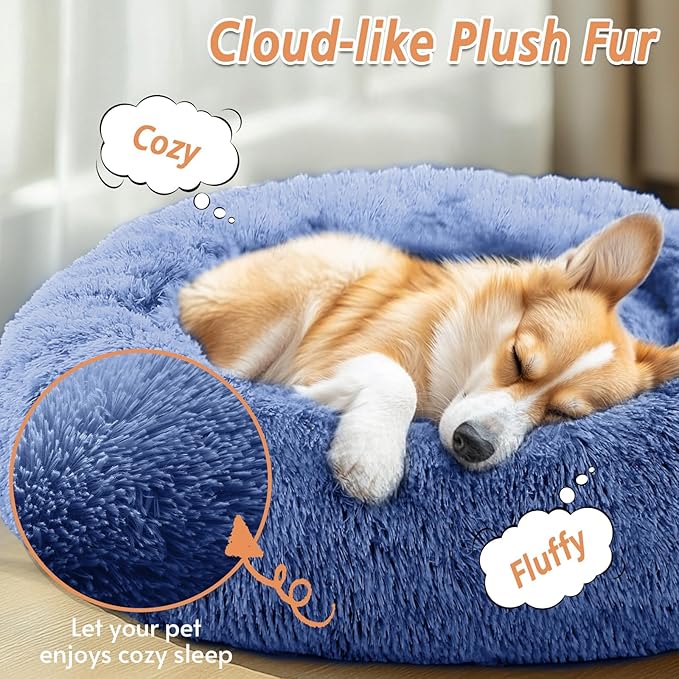 JOLLYVOGUE Small Dog & Cat Beds for Indoor Cats, Donut Cuddler Warming Soft Dog Beds with Anti-Slip Bottom, Round Calming Fluffy Plush Faux Fur Cushion Bed for Large Dogs (36", Navy Blue)