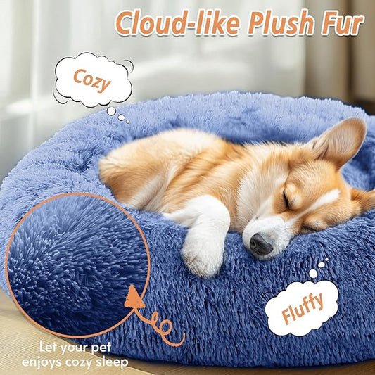 JOLLYVOGUE Small Dog & Cat Beds for Indoor Cats, Donut Cuddler Warming Soft Dog Beds with Anti-Slip Bottom, Round Calming Fluffy Plush Faux Fur Cushion Bed for Small Dogs (20", Navy Blue)