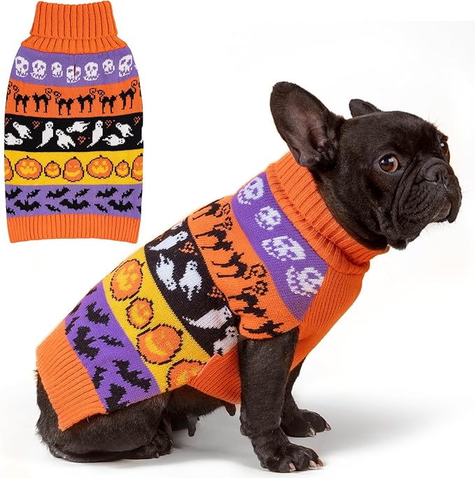 KYEESE Halloween Dog Sweater Turtleneck for Small Dogs Soft and Warm Knitwear Dog Clothes with Pumpkin Ghost Pattern Leash Hole Design Comfortable Holiday Pet Sweater Costume for Doggie, X-Large
