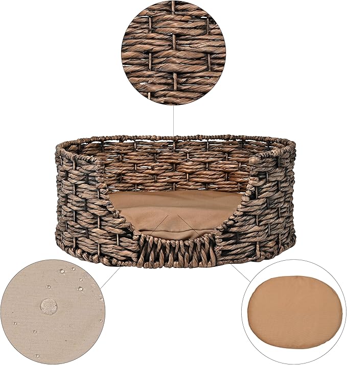 DBD4001B Perri 24" x 18" Classic Farmhouse Handwoven Hyacinth Oval Pet Bed with Machine-Washable Cushion, Brown