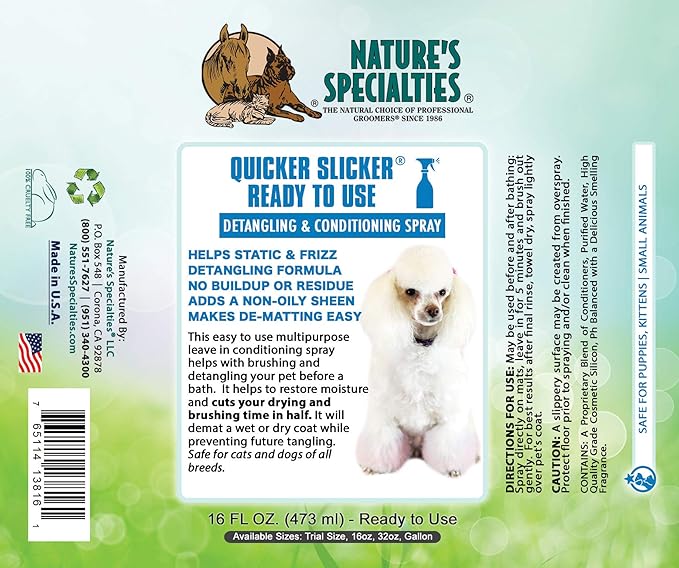 Paw Brothers Grooming Tool and Nature's Specialties Conditioning Spray Bundle - Coated Pin Flat Slicker Brush, X-Large - Quicker Slicker Detangling and Conditioning Spray, Ready to Use, 16 oz
