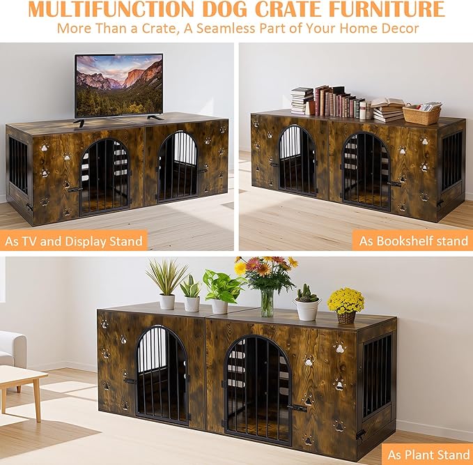 Dog Crate Furniture for 1 or 2 Dogs, Heavy Duty Single/Double Dog Kennel with Bowls, Farmhouse Wood Metal Dog Cage for Small/Medium/Large Dogs, Brown