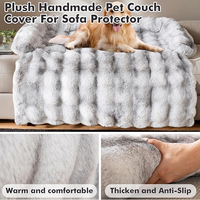 LiveGo Fuzzy Calming Dog Sofa Bed Mat, Washable Plush Couch Cover for Pets, Furniture Protector with Anti-Slip Bottom (Light Gray, 29.5"*29.5")