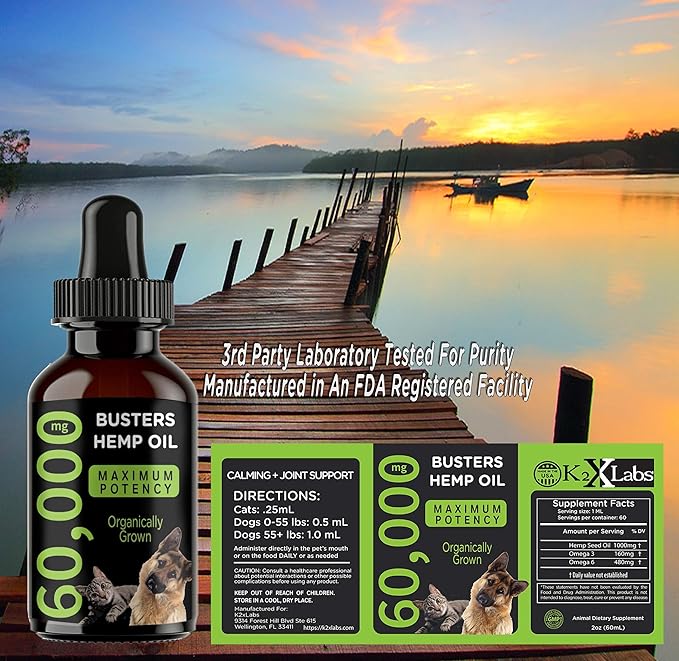 Buster's Organic Hemp Oil Large 60 Milliliters 2Pack 4Month Supply for Dogs Cats, Made in USA Omega Rich 3 6 and 9 Hip and Joint Health, Natural Relief, Calming