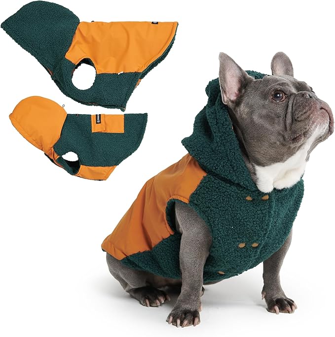 Spark Paws Reversible Fleece Dog Jacket, Hooded Sweater Vest, Warm Coat for Winter - Suitable for Small Medium Large XL XXL Dogs - Orange and Green - XL