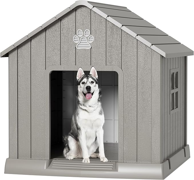 Fancyango Dog House Outdoor Indoor - Waterproof, Ventilated, Easy to Clean, Elevated Floor for Small-Large Dogs, Easy to Assemble (Grey, 37.2" L x 40" W x 40" H)