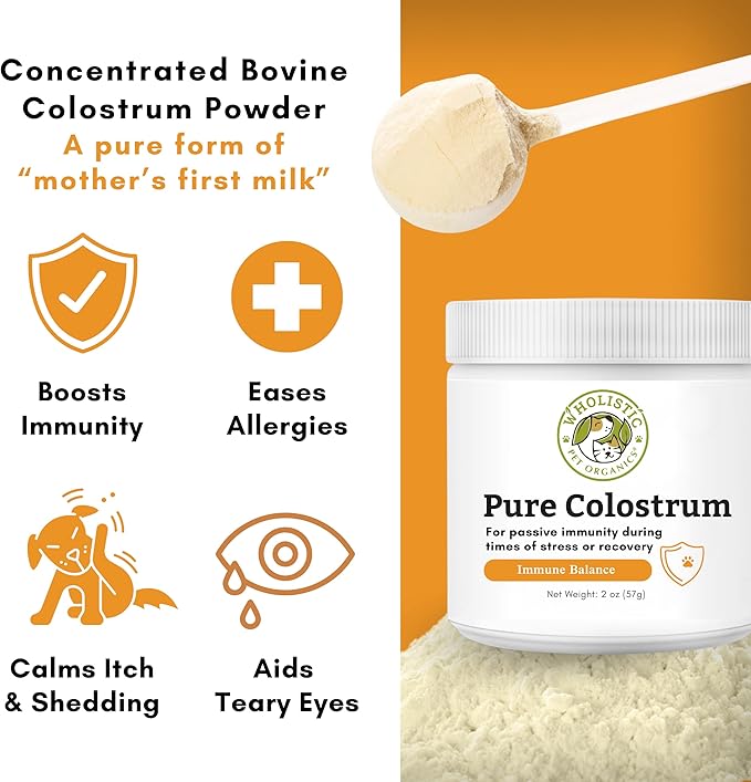 Wholistic Pet Organics Bovine Colostrum Powder - 2 Oz - Seasonal Dog Allergy Relief - Itch Relief for Dogs - Natural Anti Itch Supplement for Dogs - Made in USA - Alternative to Dog Allergy Chews