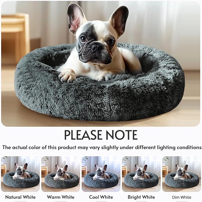 JOLLYVOGUE Small Dog & Cat Beds for Indoor Cats, Donut Cuddler Warming Soft Dog Beds with Anti-Slip Bottom, Round Calming Fluffy Plush Faux Fur Cushion Bed for Medium Dogs (27")