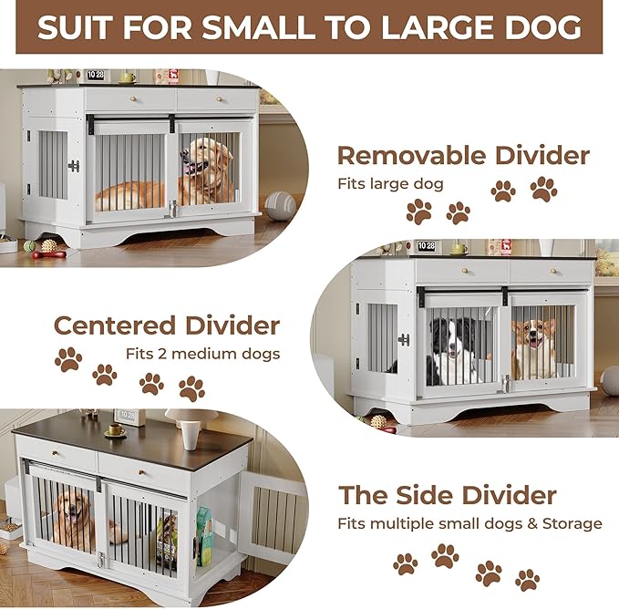 Large Dog Furniture Crate, 47 in Furniture Style Dog Crate with Removable Divier for Large/Medium/Small Dogs，White&Brown