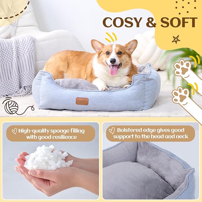 Rectangle Dog Bed for Large Medium Small Dogs Washable Pet Bed with Bolster Sides Non-Slip Bottom Pet Sofa Waterproof Lining Durable Pet Cuddler, Sky Blue, 33x 26x 7.5