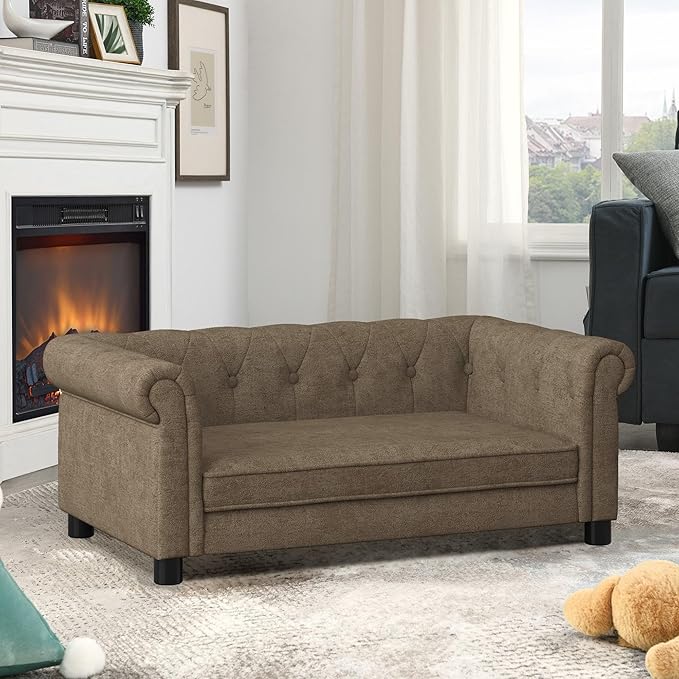 GDFStudio Modern Linen Dog Sofa for Small and Medium Dogs Elevated Pet Bed with Armrests and Backrest Durable and Comfortable Upholstered Pet Furniture, Brown