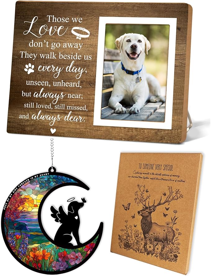 Memorial Picture Fram&Dog Memorial Suncatcher Gift Set, Pet Picture Frame, Sympathy Gifts for Loss of Loved Pet, Bereavement Gifts for Loss of Dog, Remembrance Photo Frame or Memorial Gift, Fits 4x6In Photo(GXK01)