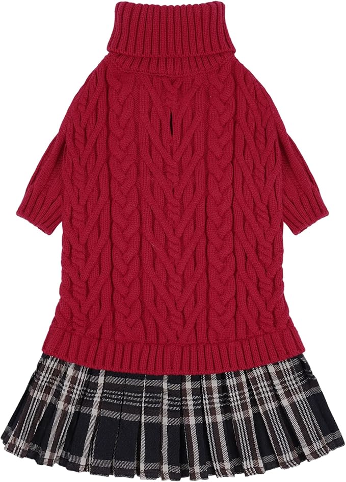 IECOii Girl Dog Sweater Dress - Cable Knit Dog Sweater for Small Dogs Girl - Red,Medium, Turtleneck Pullover Sweaters with Tartan Plaid Skirt, Adorable Warm Dog Knitted Dress for Christmas