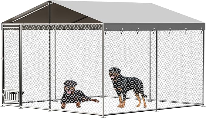 Outdoor Dog Kennel, 10x10 Ft Large Heavy Duty Dog Enclosure with Waterproof Cover Roof, Chain Link Dog Runs Dog House with Secure Lockable Door for Outside Backyard