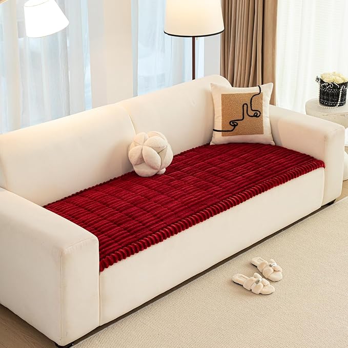 Christmas Faux Fur Plush Dog Couch Cover, 3D Stripe Fuzzy Sofa Covers, Non-Slip Fluffy Dog Bed Cover Pet Blanket, Washable Furniture Protector for Puppy Cat (Red,28"x82")