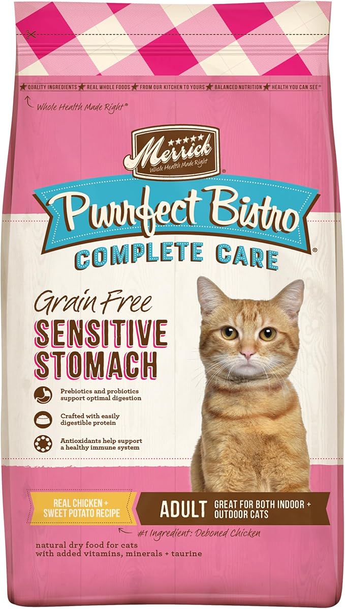 Merrick Purrfect Bistro Grain Free, Healthy, and Natural Dry Cat Food, Complete Care Sensitive Stomach Recipe - 4 lb. Bag