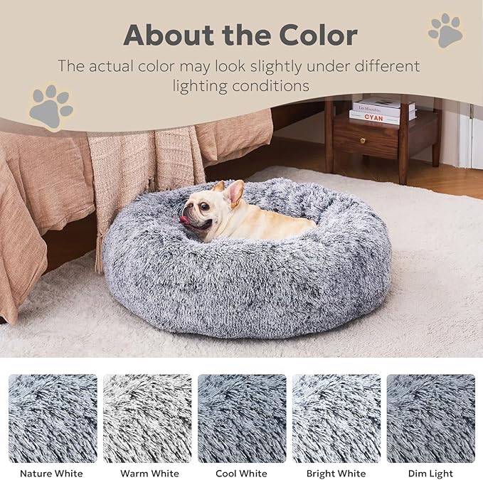 Calming Dog Bed for Small Dogs, Anti-Anxiety Donut Small Puppy Bed Washable, Fluffy Plush Faux Fur Large Cat Bed, Fits up to 20 lbs Pets (Dark Grey, 23")