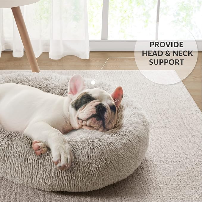 Friends Forever Serena Donut Memory Foam Orthopedic Dog Bed, Soft Faux Fur Oval Cat Couch For Indoor Pet, Fluffy Calming Plush Shag, Round Raised Bolster Cushion, Machine Washable Cuddler, Tan