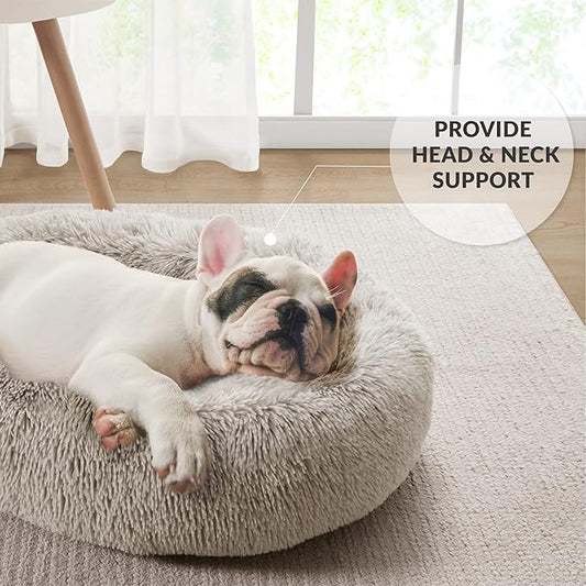 Friends Forever Serena Donut Memory Foam Orthopedic Dog Bed, Soft Faux Fur Oval Cat Couch For Indoor Pet, Fluffy Calming Plush Shag, Round Raised Bolster Cushion, Machine Washable Cuddler, Tan