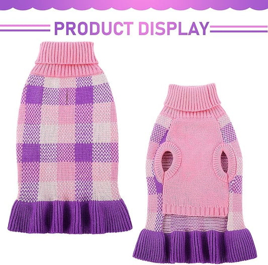 Dog Sweater Dress Plaid Knitwear for Small Medium Dogs Warm Puppy Pet Turtleneck Stretch Pullover Cute Fall Winter Vest Clothes with Leash Hole for Christmas (Purple, L)