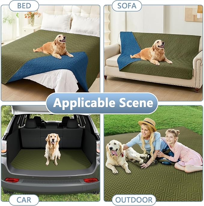 hyha Waterproof Dog Blanket, Soft Dog Bed Cover Pet Blankets, Waterproof Sofa Couch Cover for Dogs Washable, Reversible Pet Couch Covers for Sofa Furniture (82x120 Inch, Green/Navy Blue)