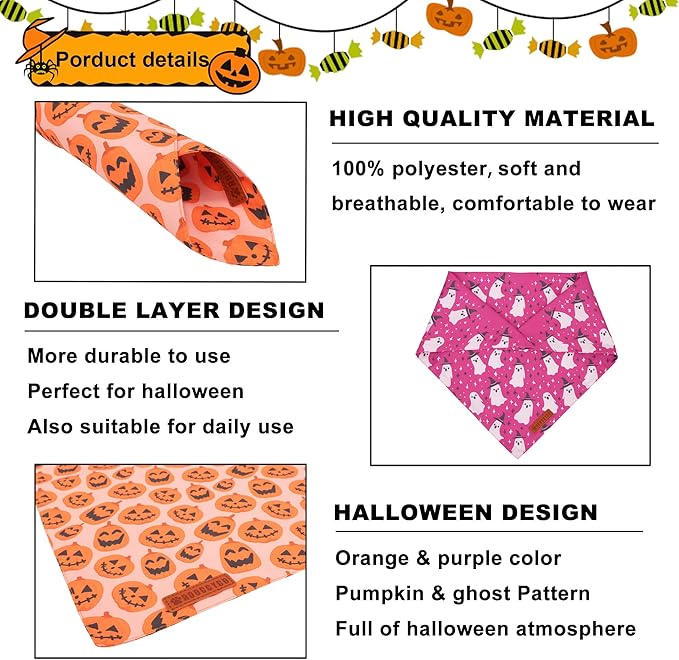 ADOGGYGO Halloween Dog Bandana, Pumpkin Ghost Pet Scarf, Premium Durable Fabric, Adjustable Fit Halloween Bandanas for Small Dogs Pets (Small)