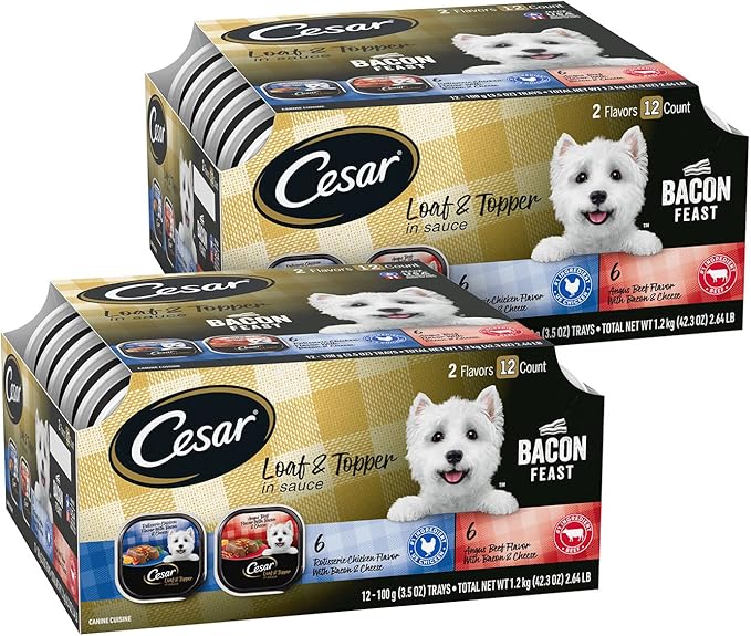 Cesar Loaf & Topper in Sauce Wet Dog Food Bacon Feast Variety Pack, Rotisserie Chicken with Bacon & Cheese and Angus Beef with Bacon & Cheese, 3.5 oz, Easy Peel Trays, 12 Count (Pack of 2)