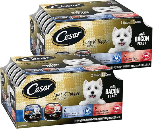 Cesar Loaf & Topper in Sauce Wet Dog Food Bacon Feast Variety Pack, Rotisserie Chicken with Bacon & Cheese and Angus Beef with Bacon & Cheese, 3.5 oz, Easy Peel Trays, 12 Count (Pack of 2)
