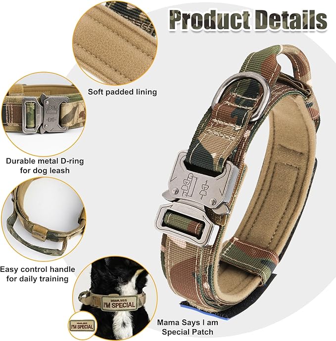 KCUCOP Tactical Dog Collar - Heavy Duty Collar with Handle and Metal Buckle, Military Thick Dog Collars for Medium and Large Dogs(Upgrade Camo-M, 2 Patches)