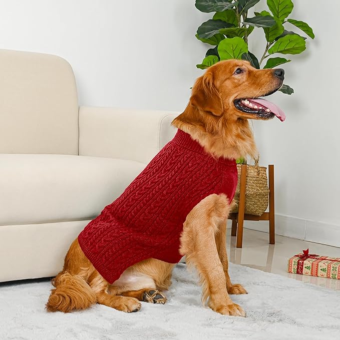2 Pack Dog Sweaters for Large Dogs Winter Turtleneck Pullover Cable Knit Fleece Stretch Pitbull Labrador Golden Retriever Doberman Bulldog Boy Girl Pet Clothes (XL, Pink & Red)