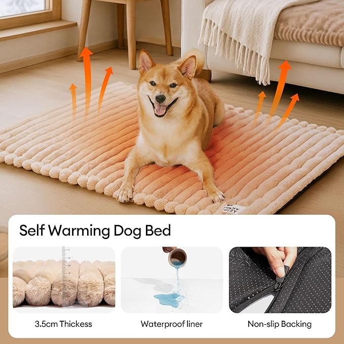 FUNNY FUZZY Self Warming Dog Bed, Waterproof Corduroy Fleece Warm Self Heating Pad for Cat & Dogs, Non-Skid Thermal Pet Mat Indoor with Removable Washable Cover - ThermoPad, 39.4"×29.5", Khaki