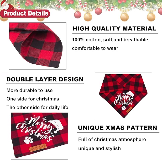 ADOGGYGO Christmas Dog Bandanas, Red Green Plaid Dog Scarf Bib, Premium Cotton Fabric, Multiple Sizes, Merry Christmas Bandanas for Medium Large Dogs (Large)